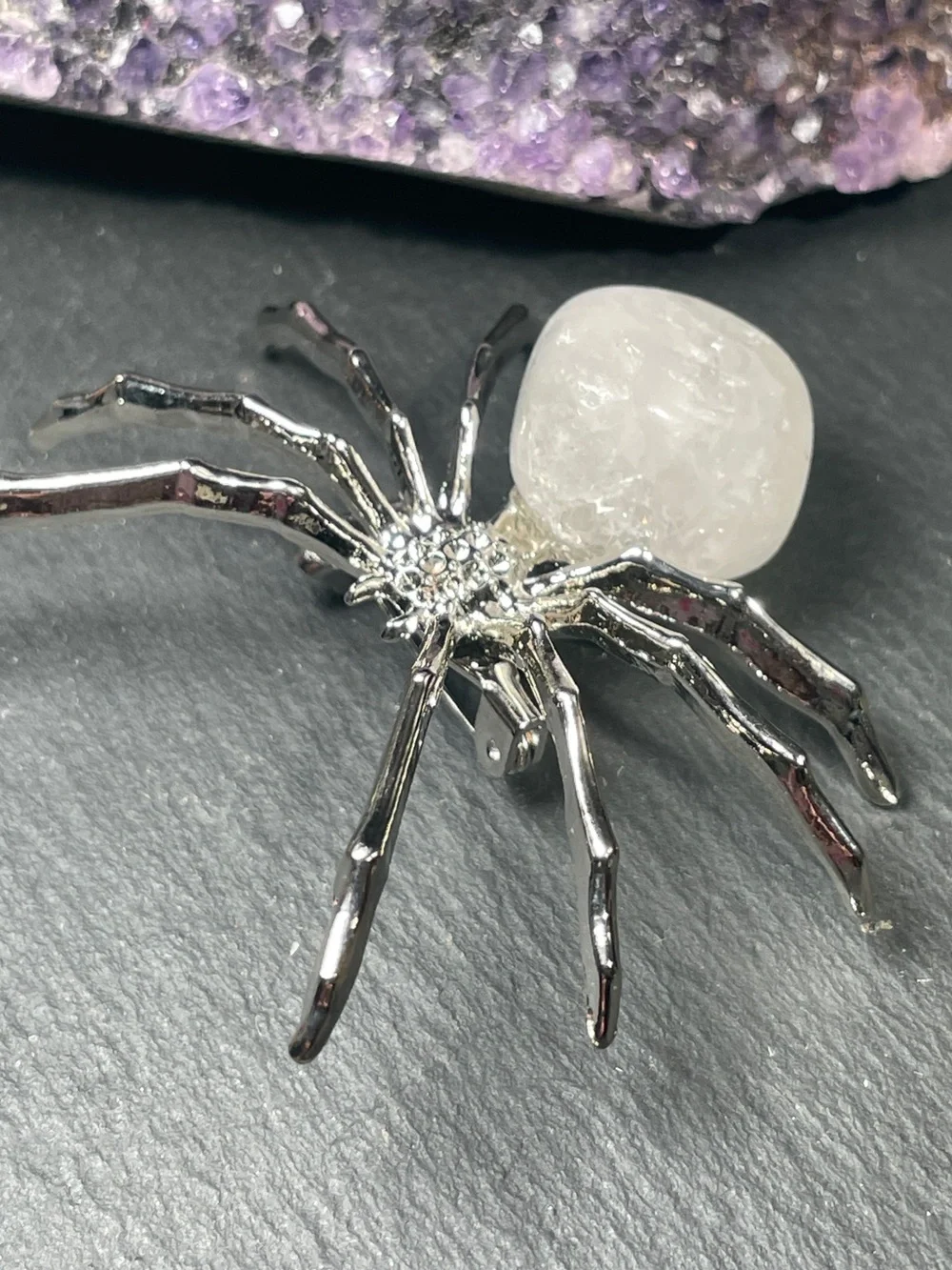 White Milky Quartz Spider Brooch - Silver Artisan Made